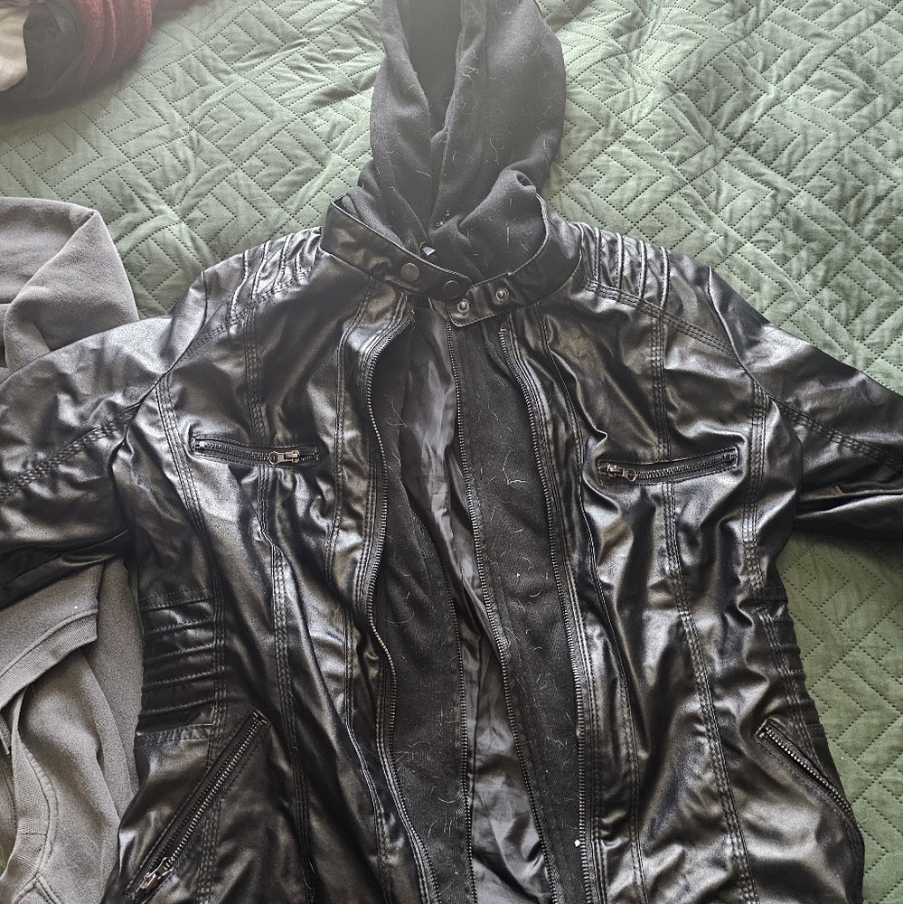 Black Faux Leather Jacket with Zipper Details